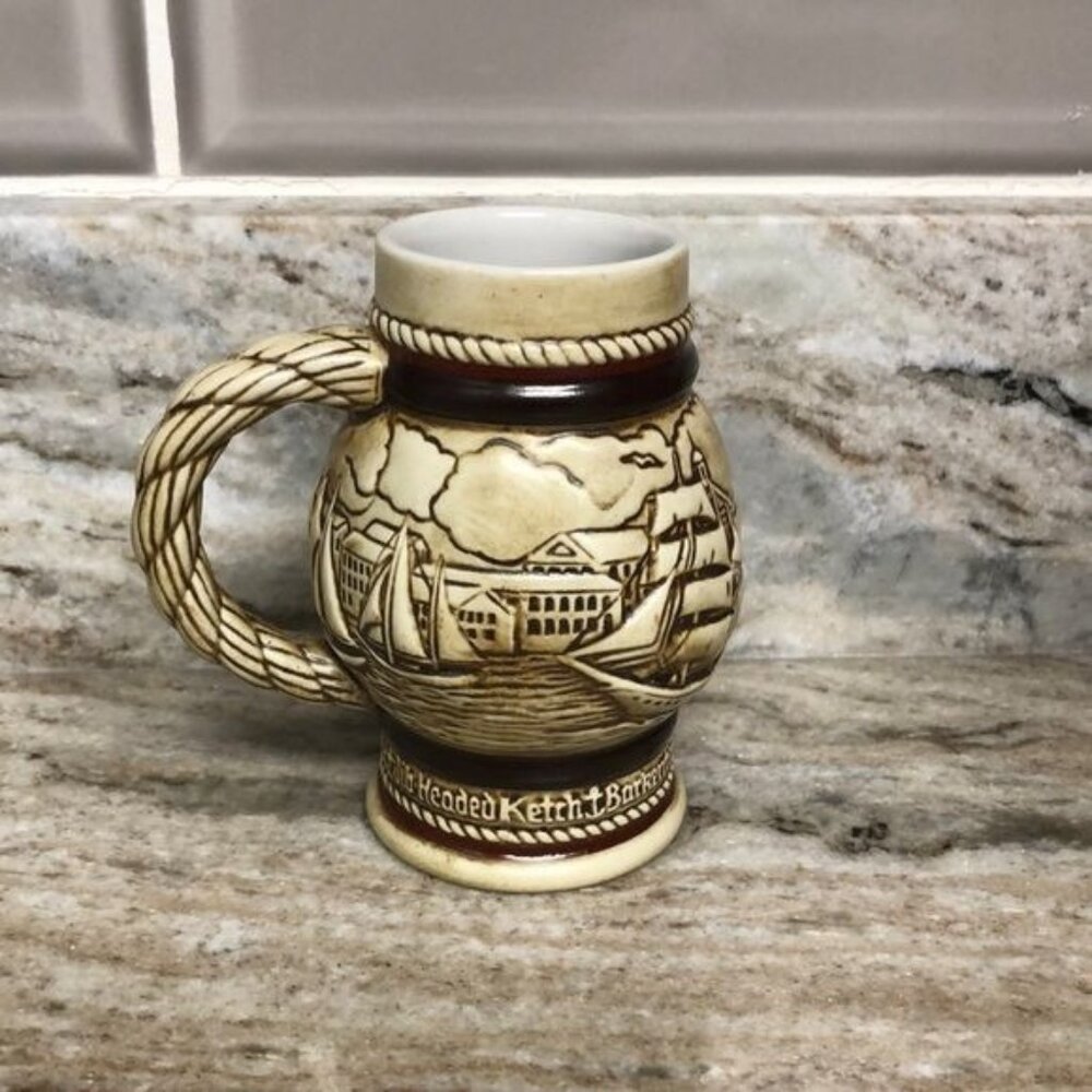 Avon Ceramarte of Brazil mini ceramic stein mug boat village nautical 1982